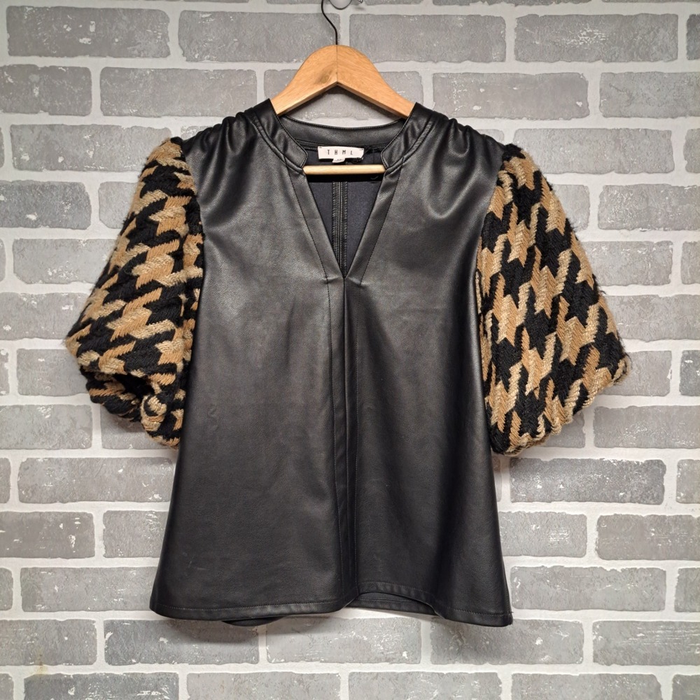 THML Anthropologie‎ Womens Leather Tweed Puff Sleeve Blouse V-Neck Size X-Small